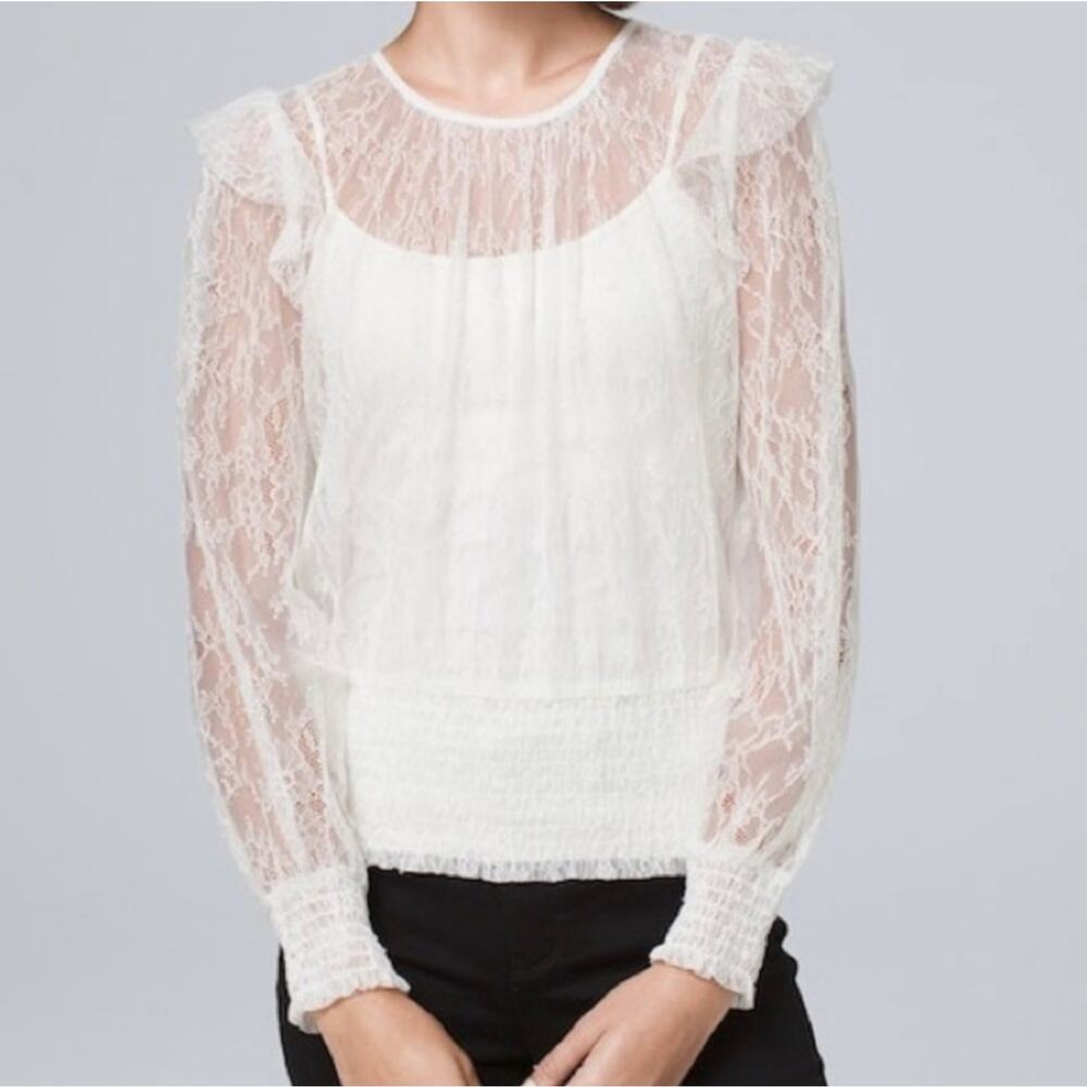 White House Black Market Lace Top Smocked Hem Size M Ecru